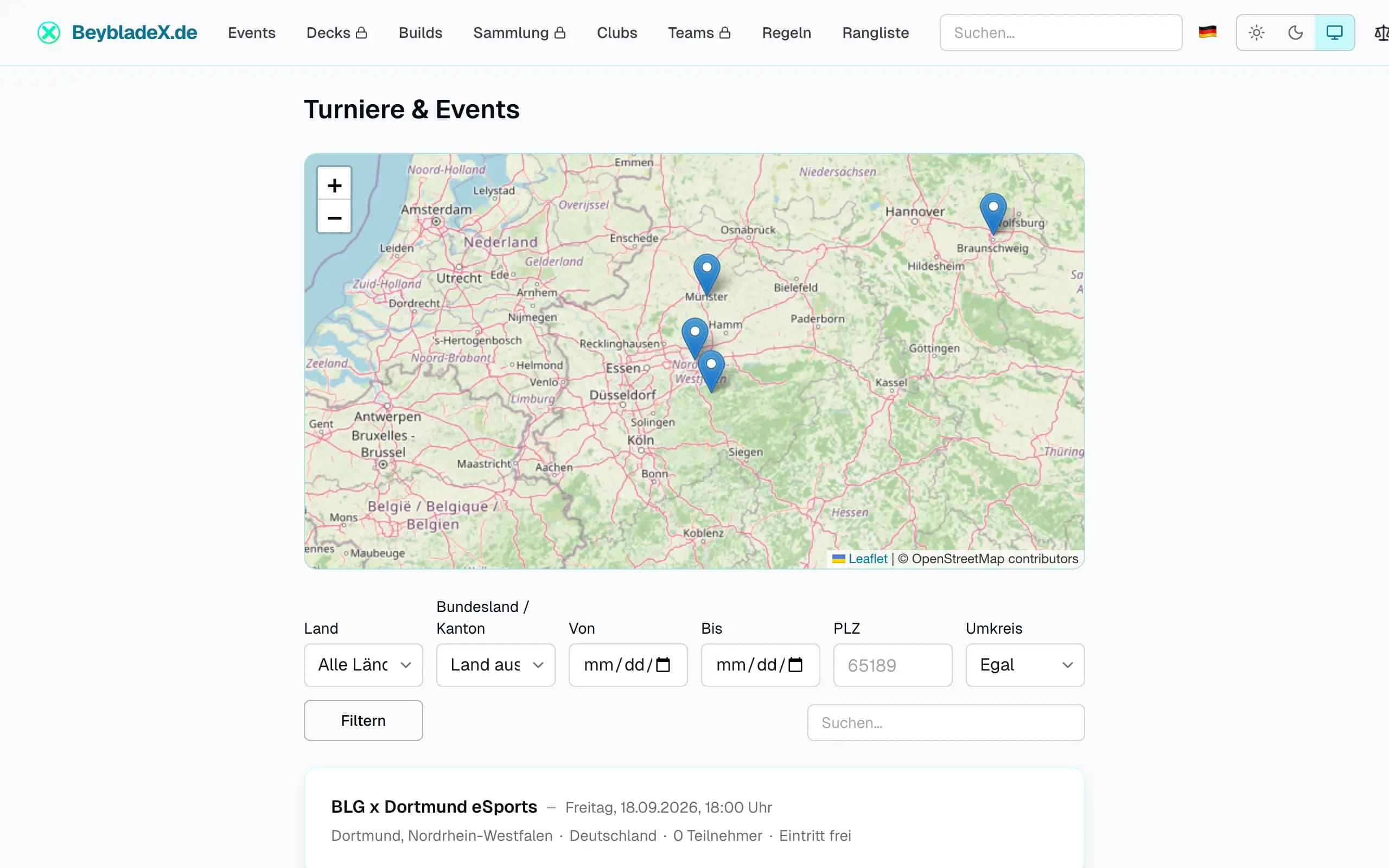 Screenshot des Turnier- und Event-Kalenders mit DACH-Karte, Filterfeldern und Event-Liste auf beybladex.de/events